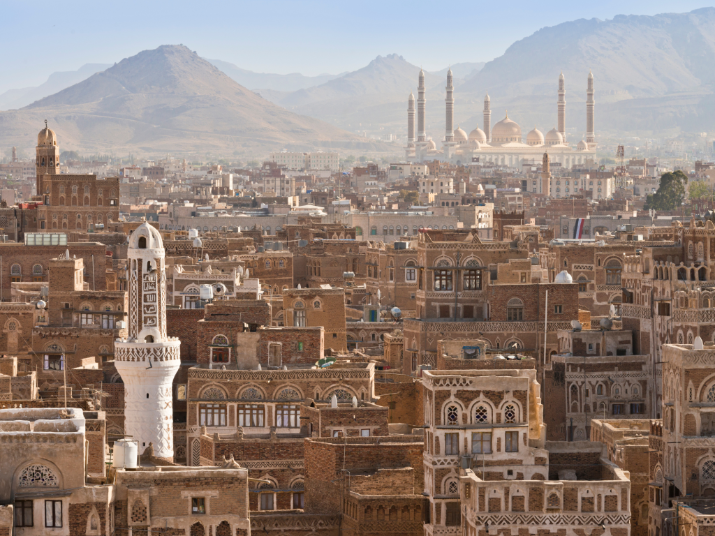 A rooftop view of Sana’a, the capital of Yemen. Al Saleh mosque.