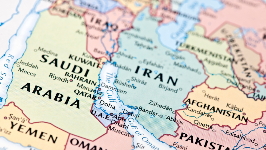 Map of the Middle East focused on Iran and Saudi Arabia