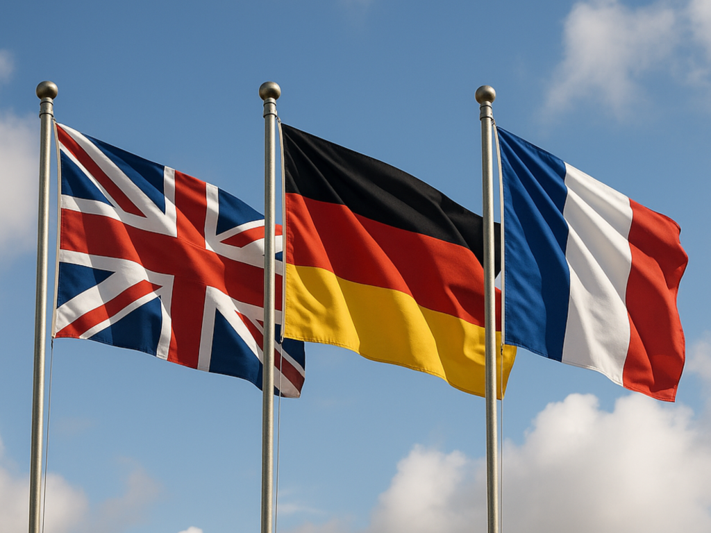 Hyperrealistic image of three flags — United Kingdom, Germany, and France — on tall flagpoles waving in the sky.