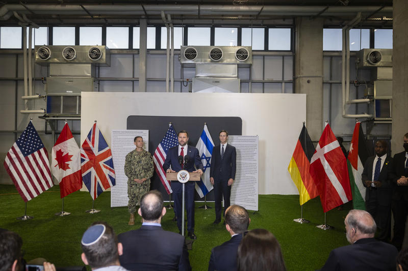 US Vice President JD Vance delivers a statement to the media alongside US Middle East Envoy Steve Witkoff and Jared Kushner, near Kiryat Gat, on October 21, 2025.