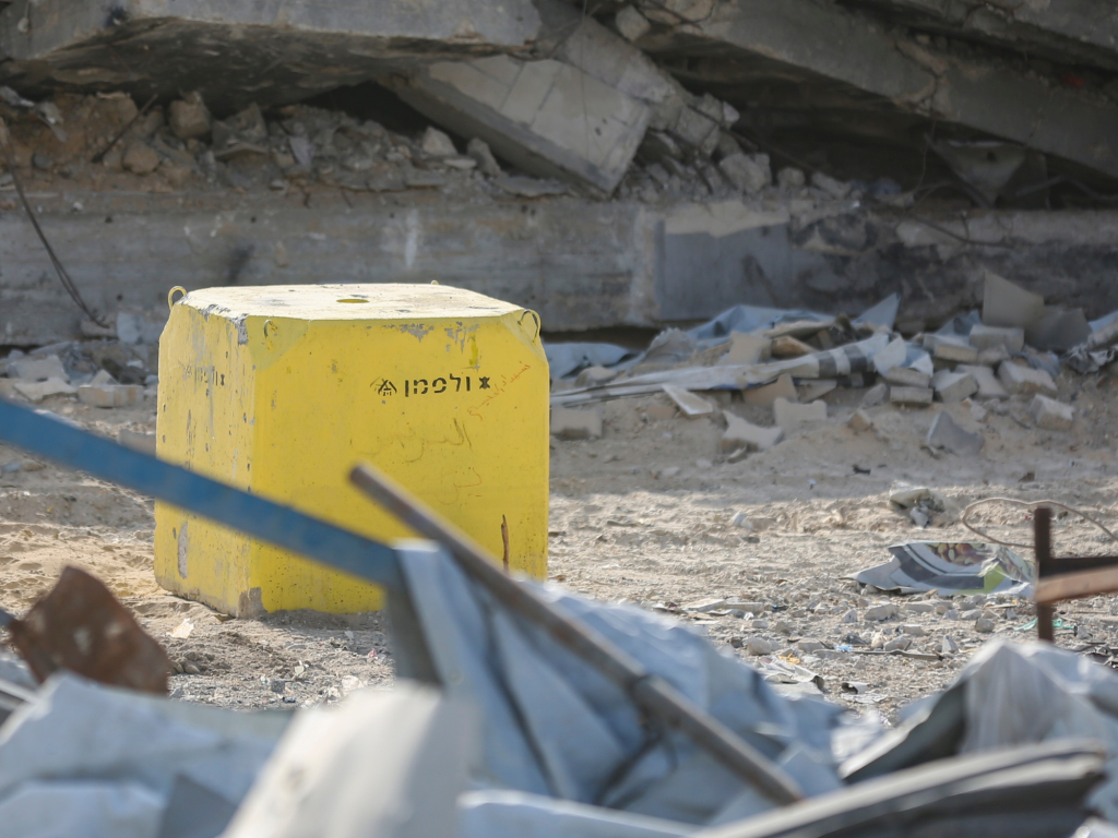 A yellow concrete block placed by the Israeli army is seen in the buffer zone east of Jabalia in the northern Gaza Strip