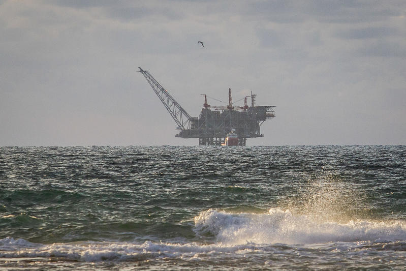 View of the Israeli Leviathan gas field gas processing rig as it seen from Dor Habonim Beach Nature Reserve, on January 1, 2020.
