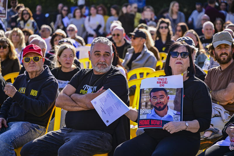 Relatives, friends and supporters of Master Sgt. Ran Gvili, whose body is held by Hamas, attend a Kabbalat Shabbat ceremony at Hostage Square in Tel Aviv, calling for the return of his body from Hamas captivity, on January 16, 2026.