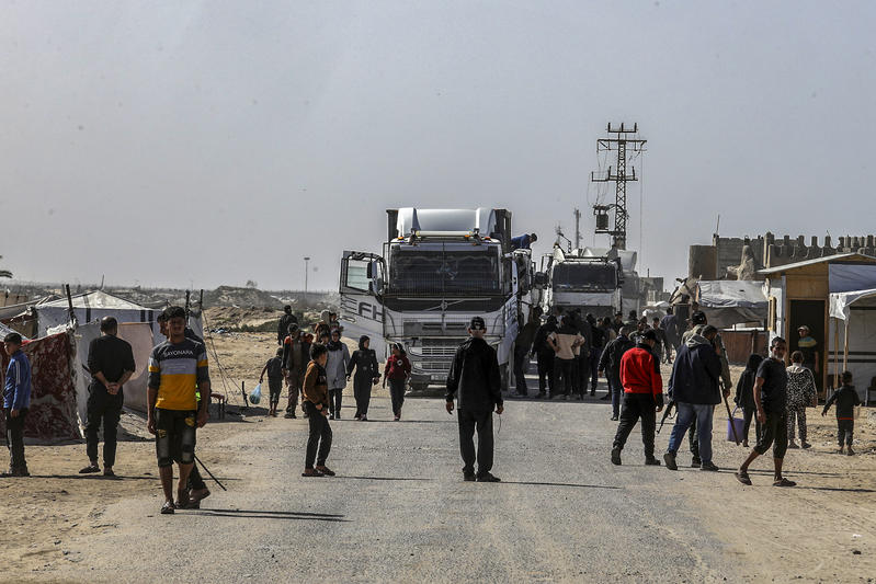 Humanitarian aid enters Gaza through the Rafah border crossing from Egypt, in Khan Yunis in the southern Gaza Strip, on February 1, 2026.