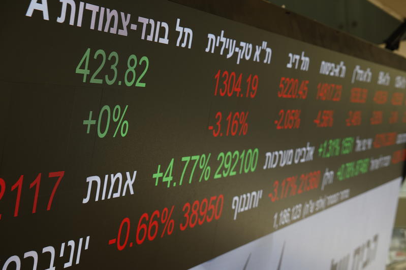 An electronic board displaying market data at the Tel Aviv Stock Exchange in Tel Aviv, March 2, 2026.