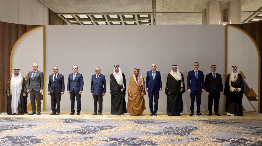 The foreign ministers of Turkey, Egypt, Saudi Arabia, Pakistan, Syria, Lebanon, Jordan, Azerbaijan, Qatar, Bahrain, Kuwait, and the UAE in Riyadh, March 18, 2026.