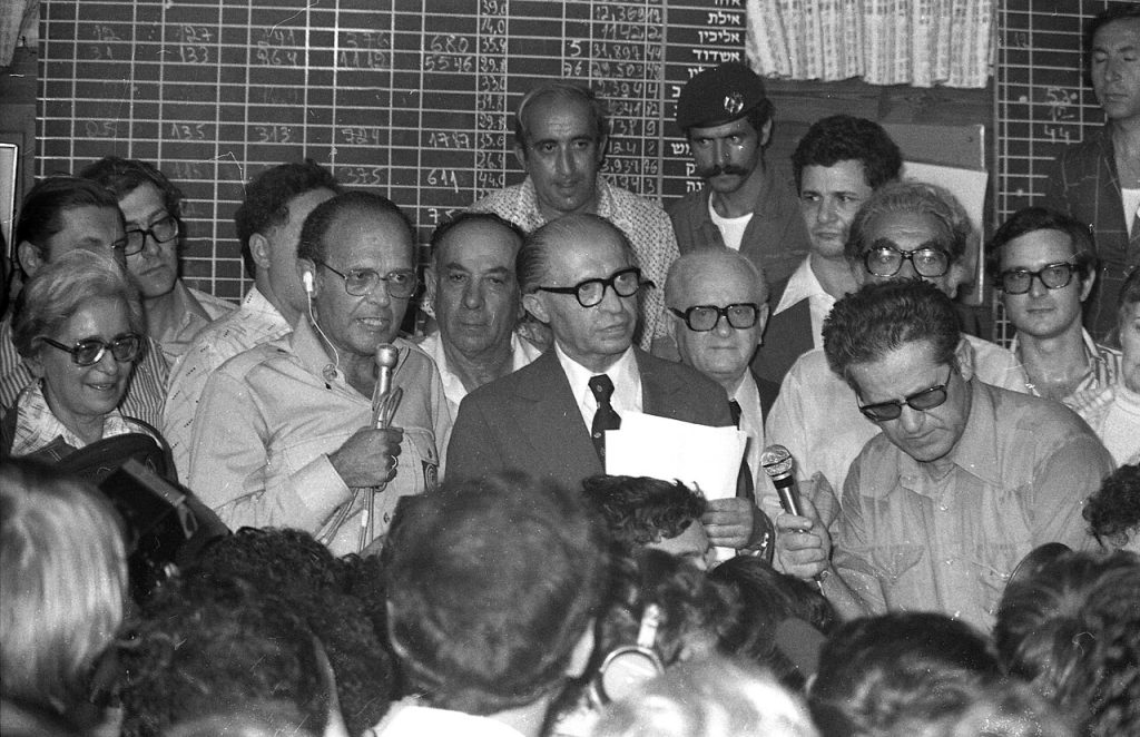 Menahem Begin shortly after the announcement that he won the election, May 17, 1977.