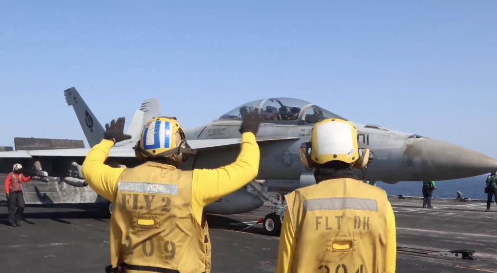 US Navy F/A-18 Super Hornets launch from USS Abraham Lincoln, one of two aircraft carriers enforcing the blockade on Iranian ports while also supporting Project Freedom, May 4, 2026.