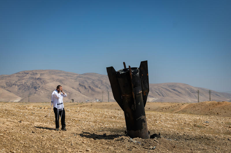 Part of an Iranian ballistic missile is seen in the desert near Vered Yeriho in the West Bank after being fired toward Israel from Iran, June 8, 2026.