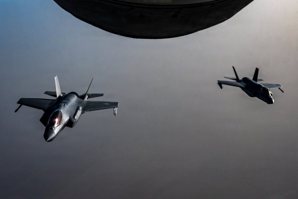 Two US Air Force F-35A stealth fighter jets fly over the Middle East during a patrol. June 6, 2026.
