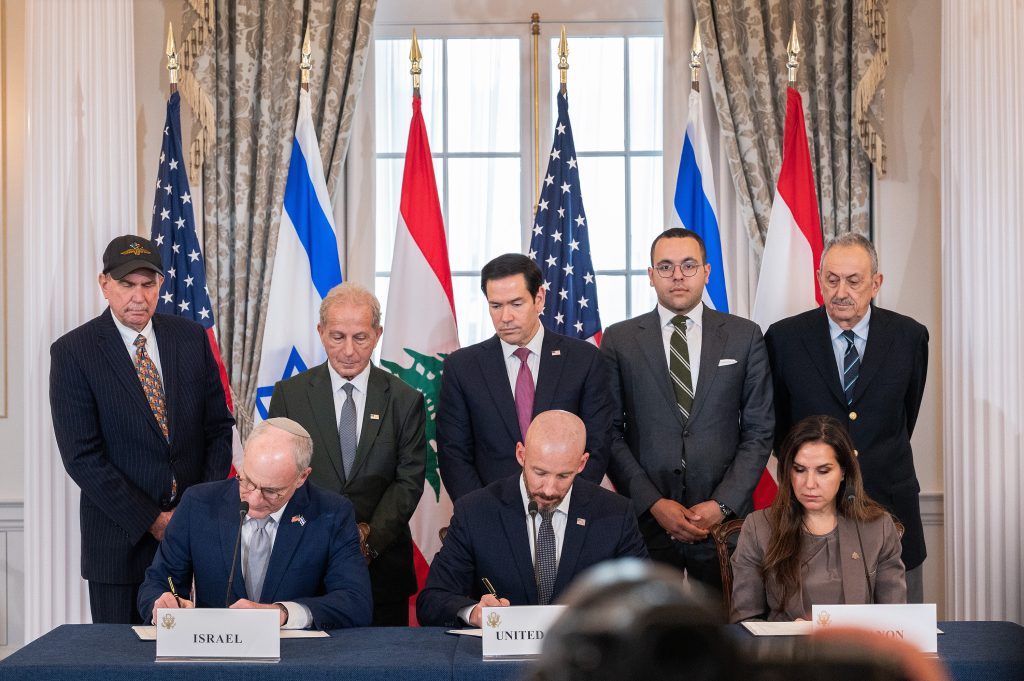 Secretary of State Marco Rubio with Lebanese Ambassador to the United States Nada Hamadeh Moawad and Israeli Ambassador to the United States Yechiel Leiter at a Trilateral Framework Signing Ceremony. June 26, 2026.