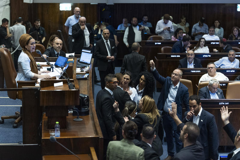 A plenum session and a vote on a bill to freeze arrests of Haredi draft evaders at the assembly hall of the Knesset, the Israeli parliament in Jerusalem, July 14, 2026.