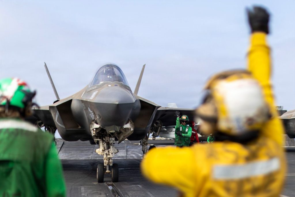 A US Marine Corps F-35C stealth fighter prepares to take off from USS Abraham Lincoln (CVN 72) in the Arabian Sea. July 6, 2026.