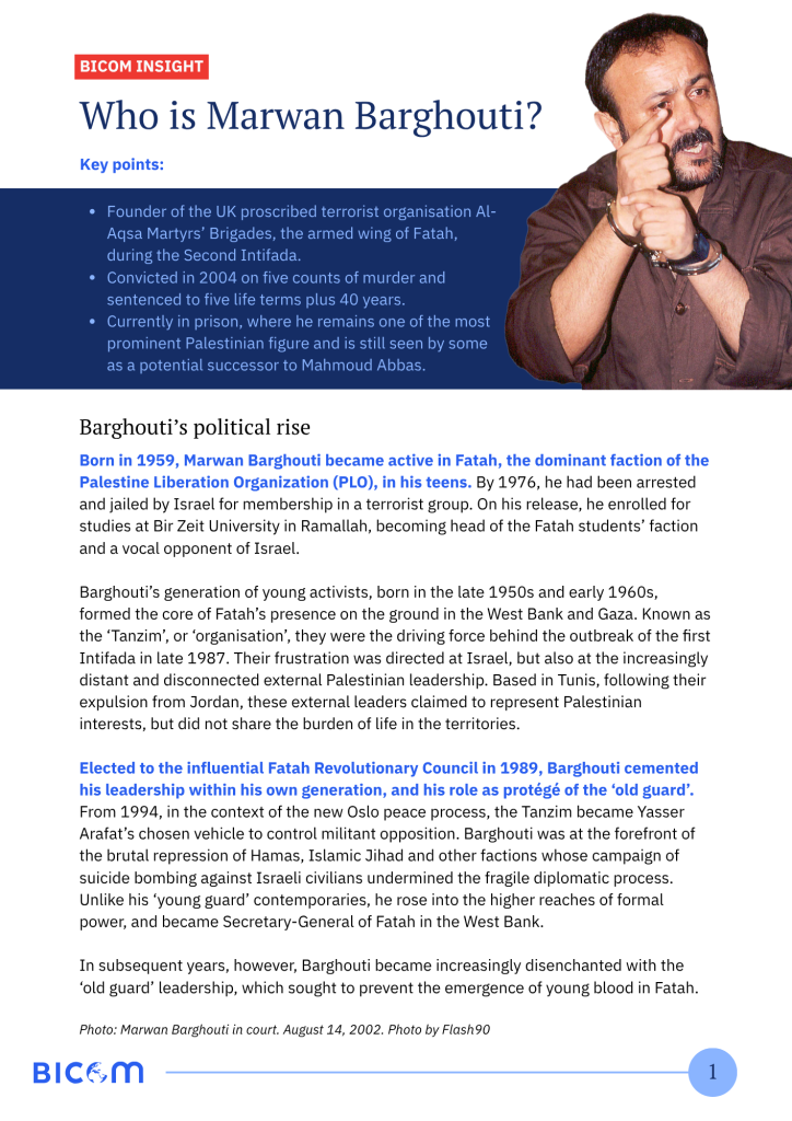 Front page of the 'Who is Marwan Barghouti?' paper with a graphic based on photo by Flash90 from August 14, 2002.