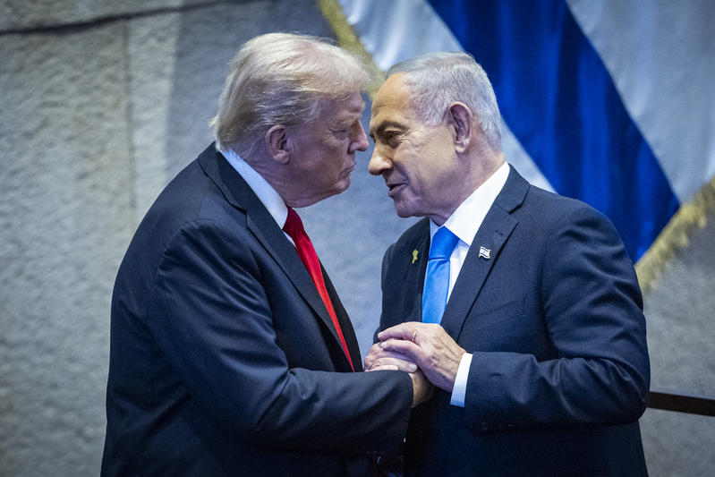 US President Donald Trump with Israeli Prime Minister Benjamin Netanyahu during a special plenum session in honor of President Trump at the Knesset, Israel’s parliament in Jerusalem, on October 13, 2025.