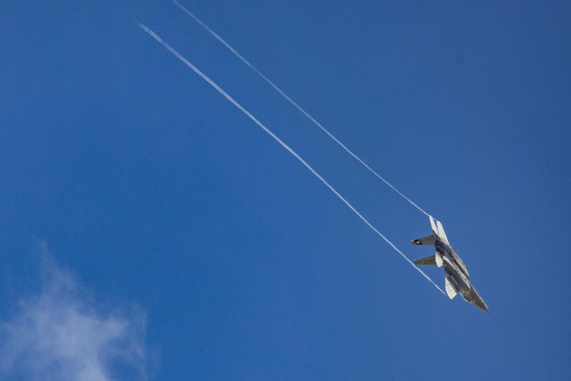 An Israeli F-15I Ra'am fighter jet is seen in the skies over central Israel, August 19, 2026.