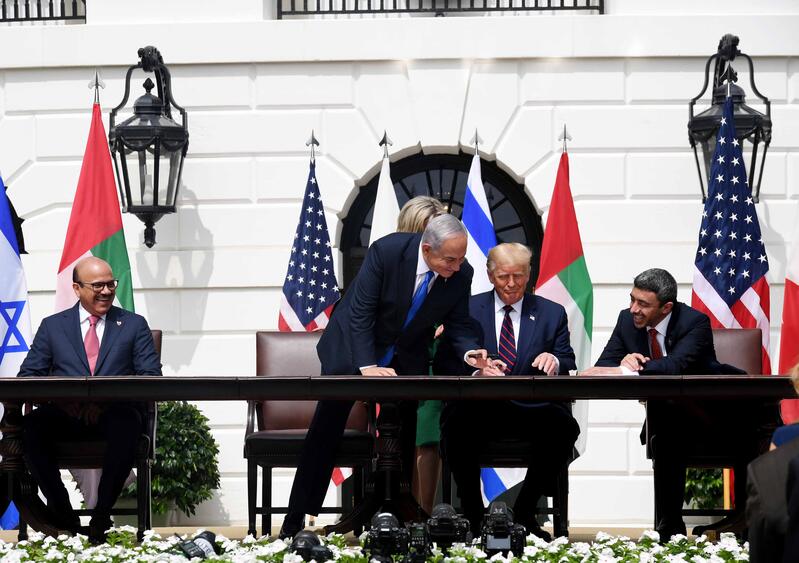 Israeli Prime Minister Benjamin Netanyahu, US President Donald Trump, Minister of Foreign Affairs and International Cooperation of the UAE Abdullah bin Zayed Al Nahyan and Abdullatif bin Rashid Al-Zayani, Minister of Foreign Affairs of Bahrain attend the Abraham Accords Signing Ceremony at the White House in Washington, USA, September 15, 2020.