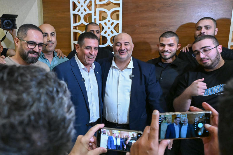 Head of Ra'am Mansour Abbas holds a joint press conference with new party member Yoav Segalovich in Nazareth. August 31, 2026.