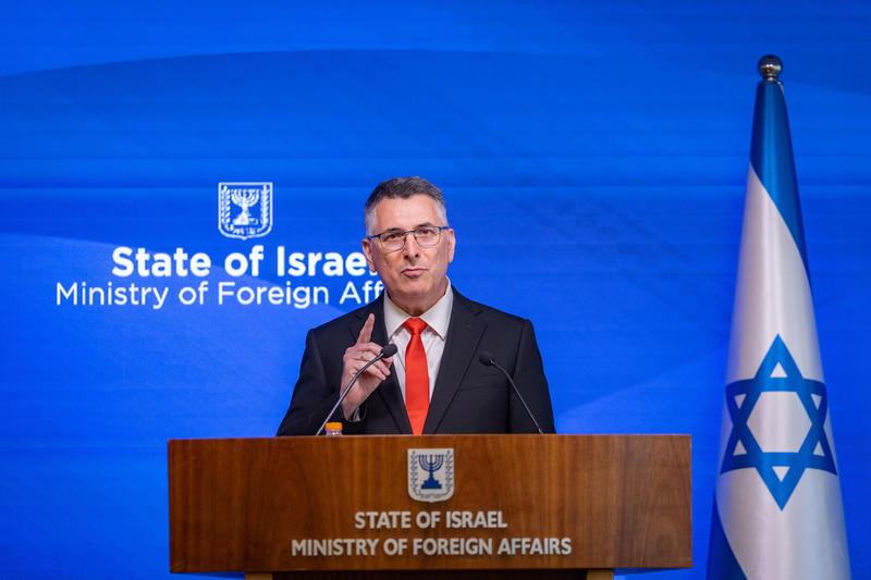 Israeli Minister of foreign affairs Gideon Saar hold a press conference at the Ministry of foreign affairs in Jerusalem, September 8, 2026.