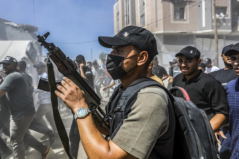 Palestinian attend the funeral of Nael Abu Obeid, a senior commander in Hamas’ Al-Qassam Brigades in Rafah, who was eliminated in an Israeli drone strike, September 16, 2026.
